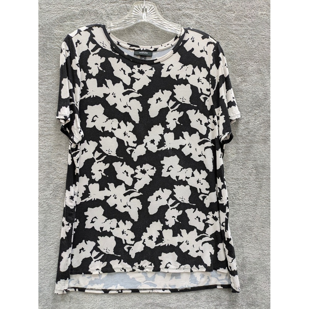 Contemporary Floral Print Top Womens Medium Alfani Black White Short Sleeve Tee